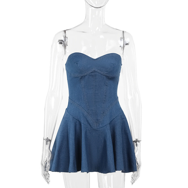 Women's Y2K Backless Tube Denim Dress – Slim Fit Summer Casual Mini Dress with Strapless Design